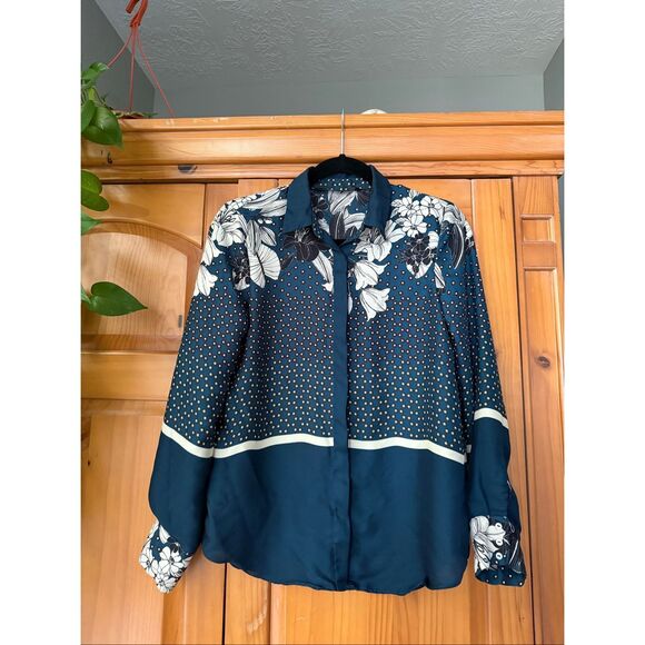 Zara Basic Collection Navy Floral & Polka Dot Button-Up Blouse Size Small - Picture 4 of 12